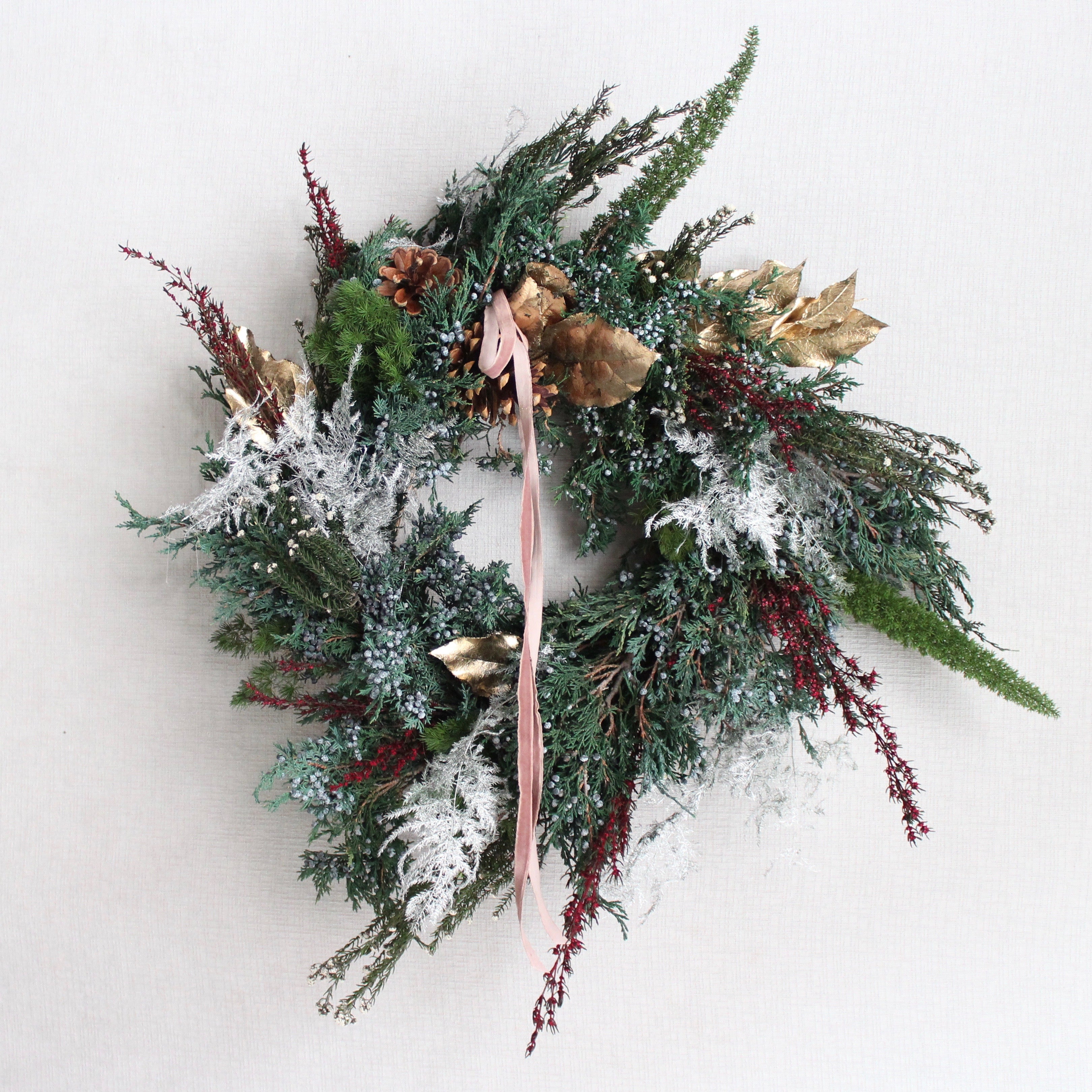 Preserved Floral Wreath with Juniper, Grabia, Phylica, Gold Salal Leaves and other Foliage