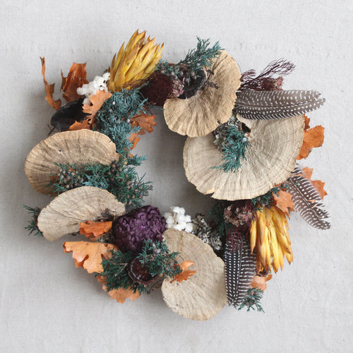 Dried & Preserved Wreath with Yellow Protea Ripens, Juniper, Natural Sponge Mushrooms, Guinea Feathers, Red Serruria, Orange Oak Leaves, Chico Choke, Calice Mushrooms, Immortelle