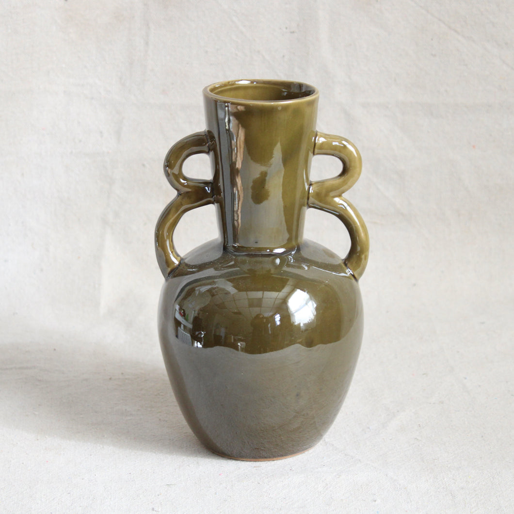 Olive Green Stoneware Vase with Handles