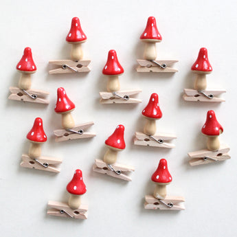 Miniature Wooden Mushrooms on Clip