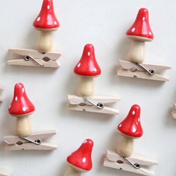 Miniature Wooden Mushrooms on Clip